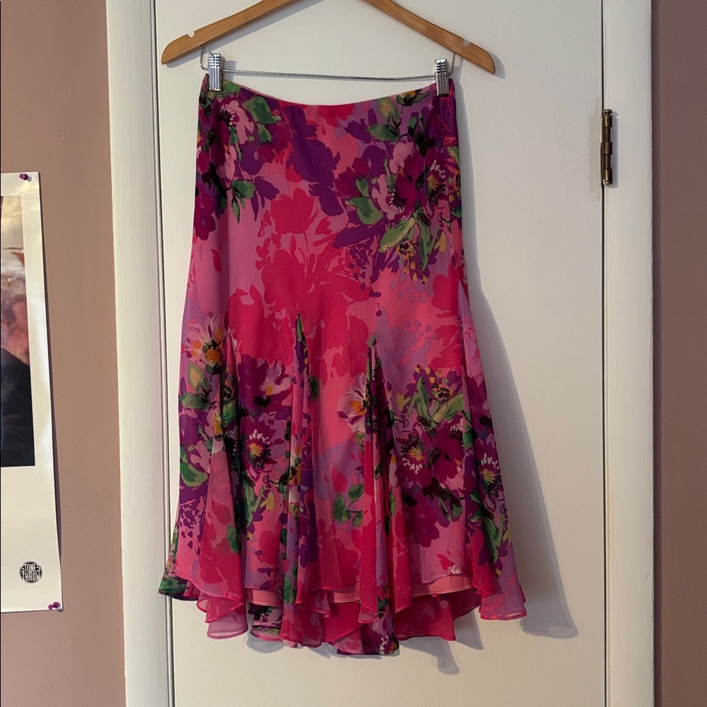Vintage Y2K Hot Pink Floral Bias Asymmetrical Midi Skirt Cache Mermaid S Barbie - Picture 3 of 17